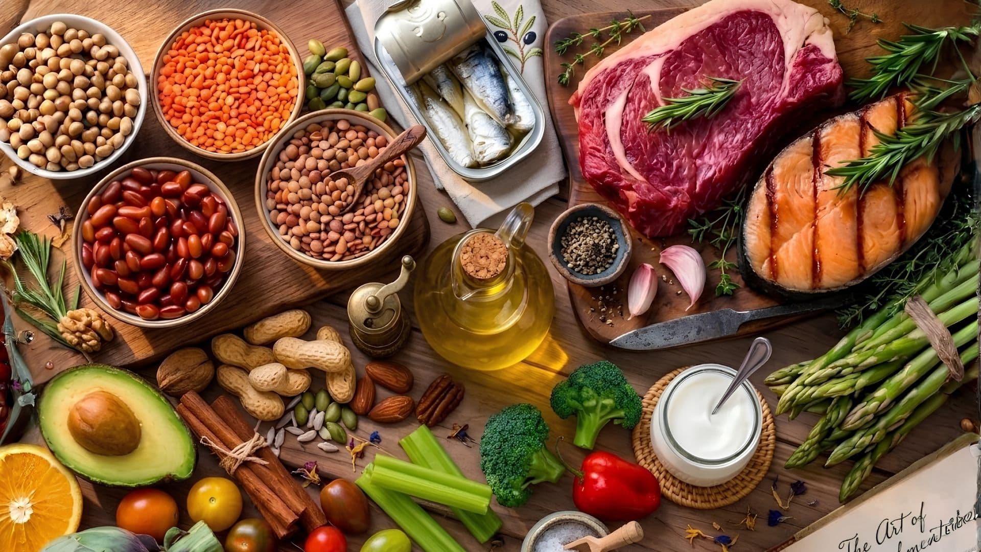 Whole-foods spread of meats, vegetables, legumes, and oils